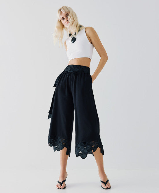 Access Fashion Black Lace Hem Cropped Trouser
