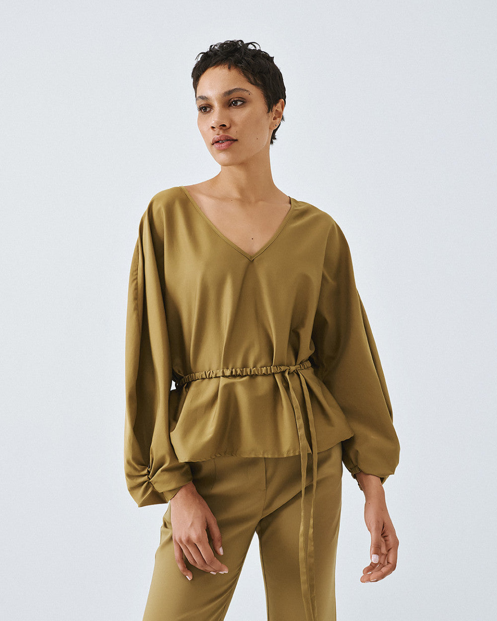 Access Fashion Olive Green Blouse With Boat Neckline