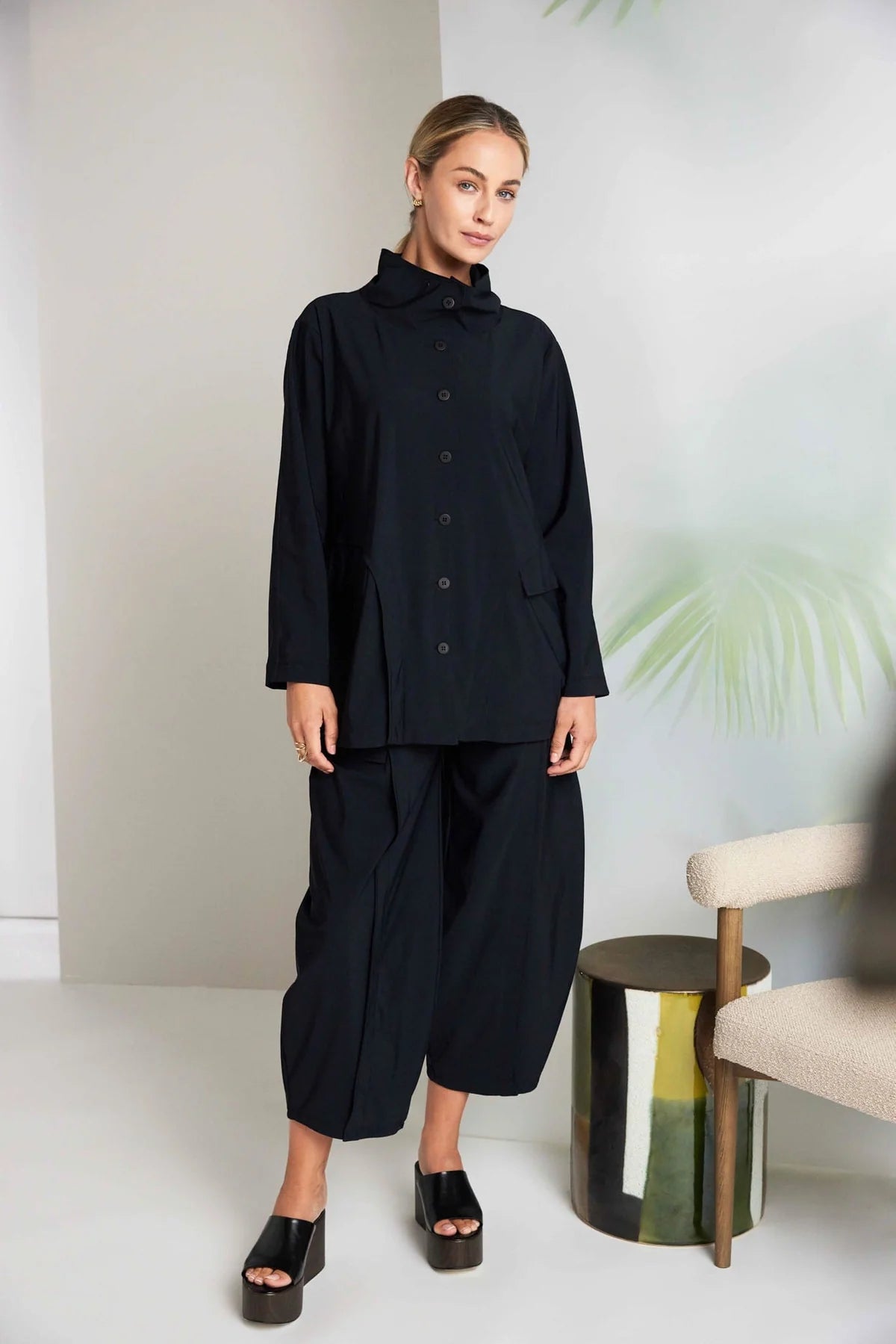 Naya Black Baloon Shape Trouser With curved Panel Front And Pocket Detail