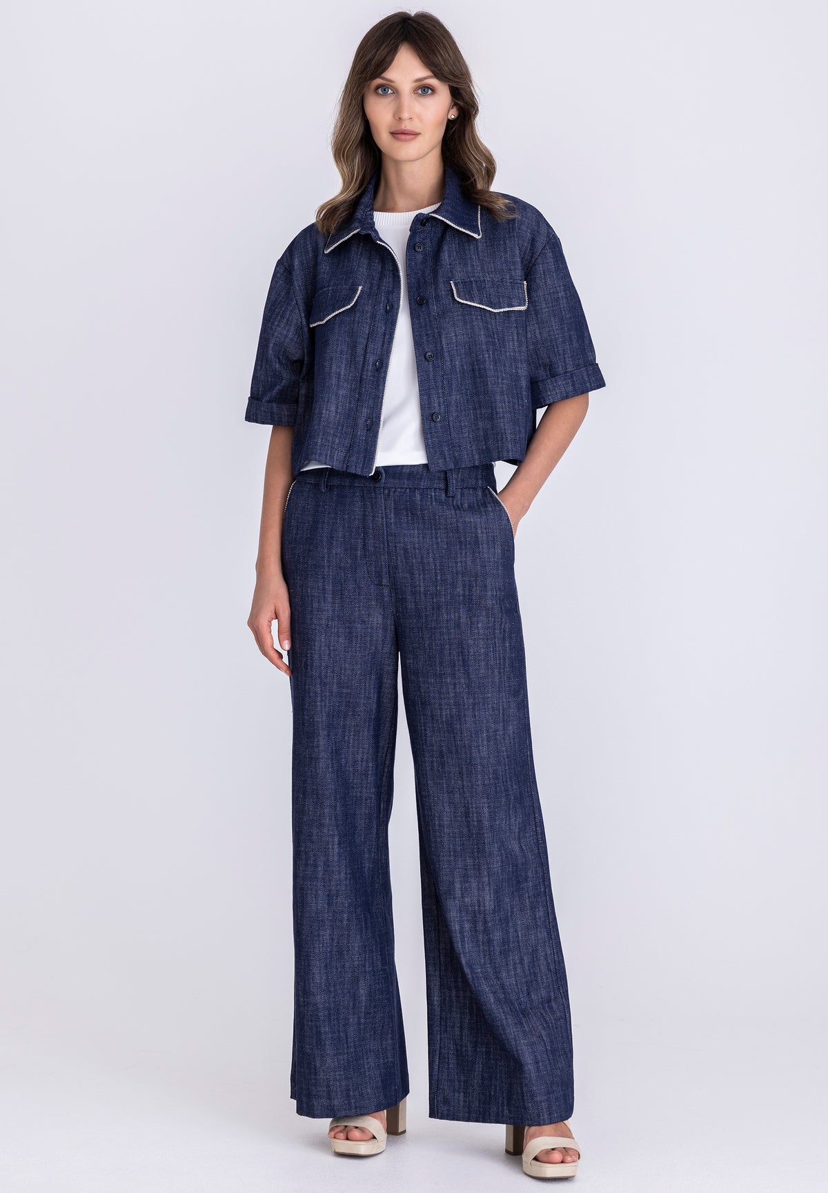 Tuzzi Blue Denim Wide Leg Jeans With Decorative Sparkle On Pocket