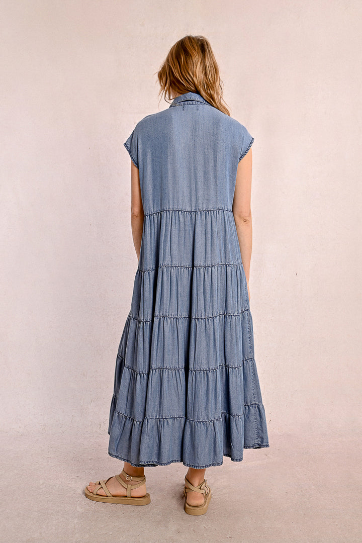 Molly Bracken Denim Blue Tiered Shirt Style Dress