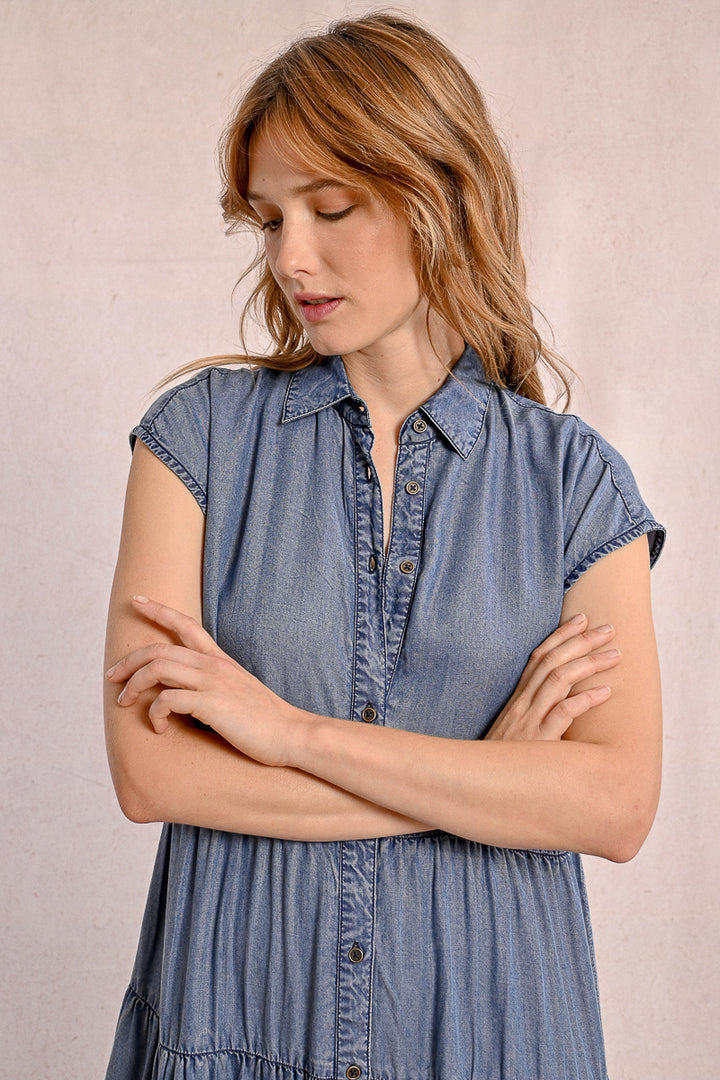 Molly Bracken Denim Blue Tiered Shirt Style Dress