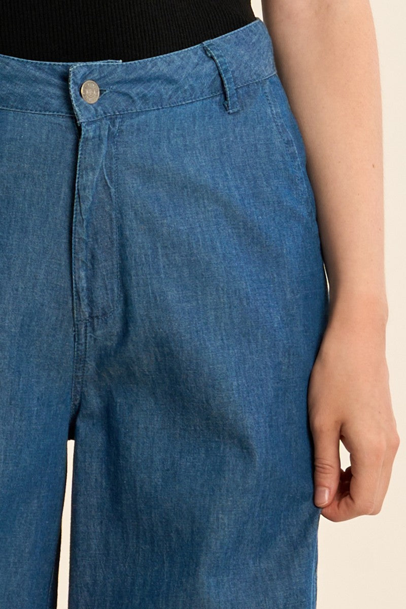 Molly Bracken Dark Blue Cotton Wide Leg Trousers