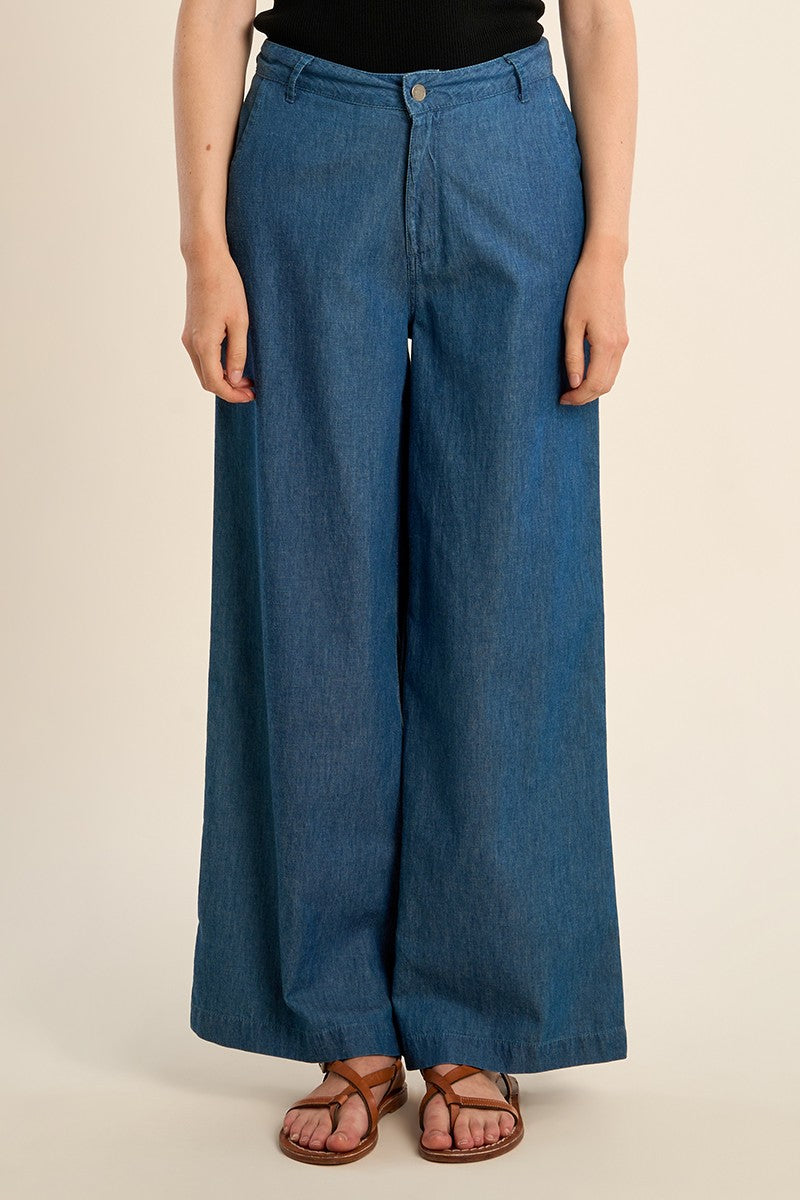 Molly Bracken Dark Blue Cotton Wide Leg Trousers