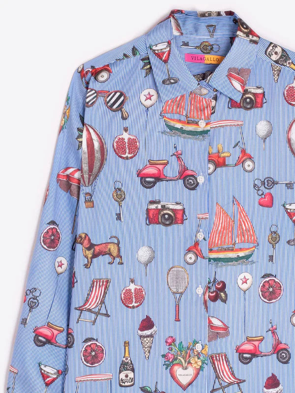 Vilagallo Vintage Printed Blue Shirt
