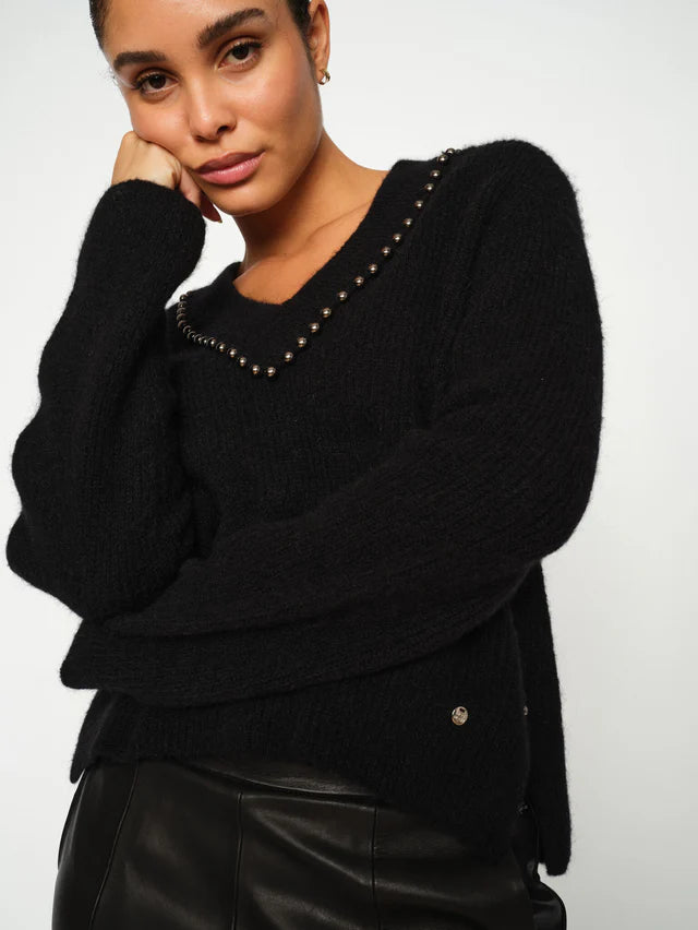 Mos Mosh Black Zora V-Neck Beaded Knit