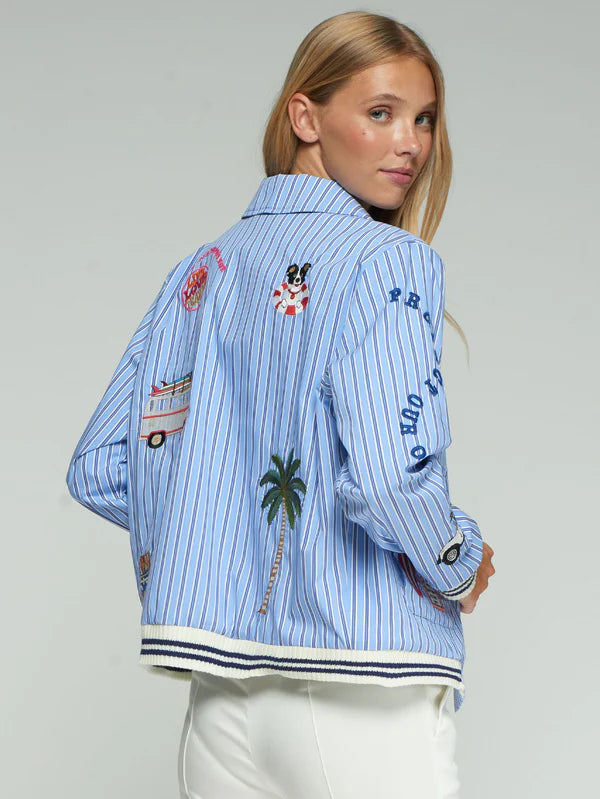 Vilagallo Blue Striped Bomber Jacket With Surf Embroidery