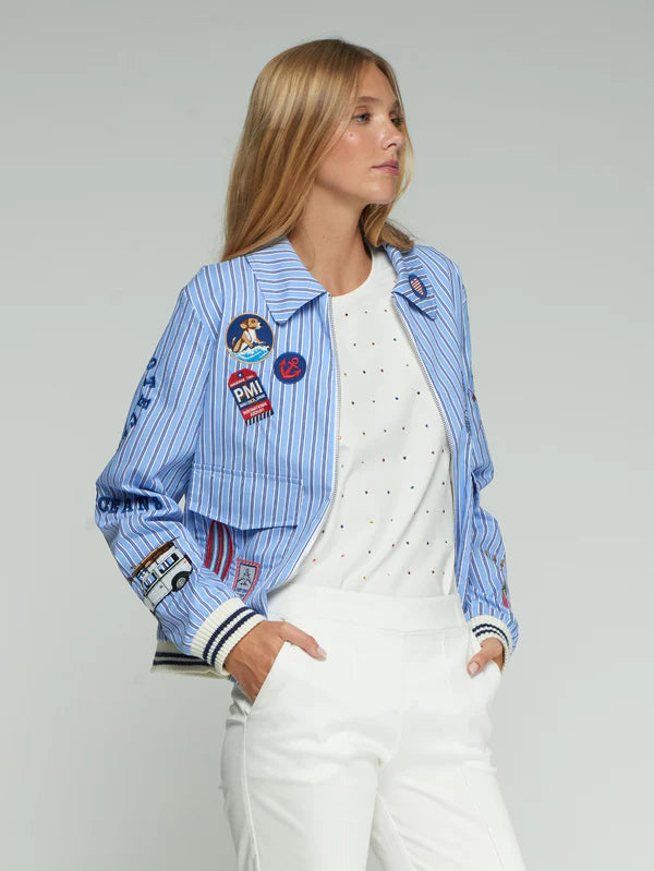 Vilagallo Blue Striped Bomber Jacket With Surf Embroidery