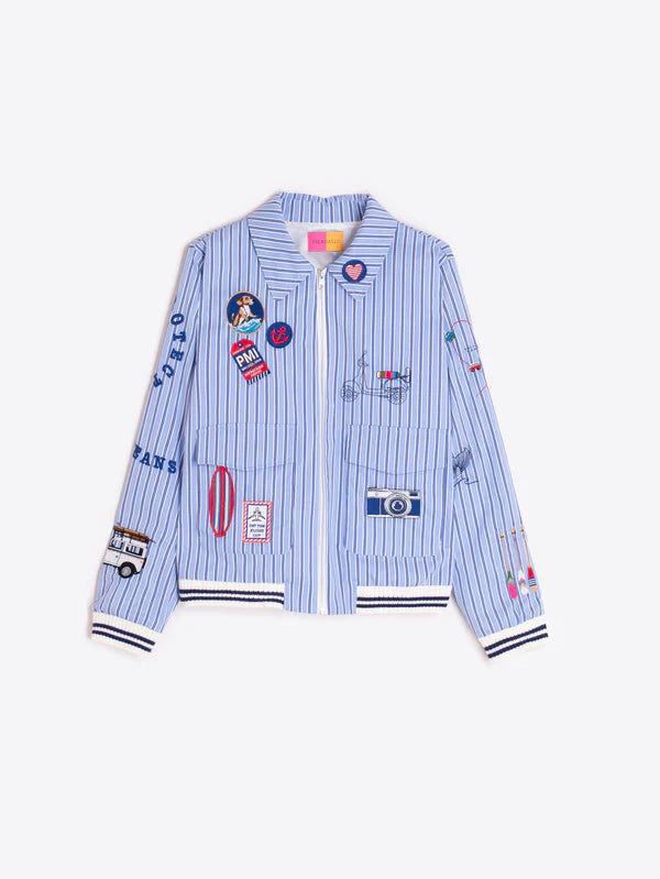 Vilagallo Blue Striped Bomber Jacket With Surf Embroidery