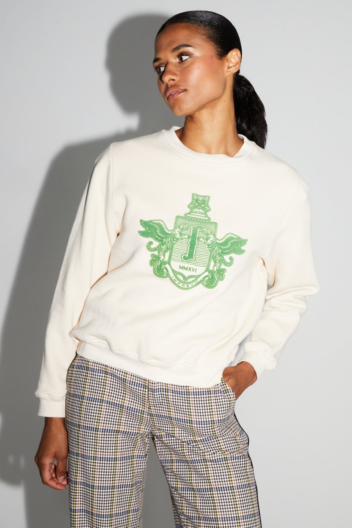 IMPREVU Off White/Bright Green Decorative Sweatshirt