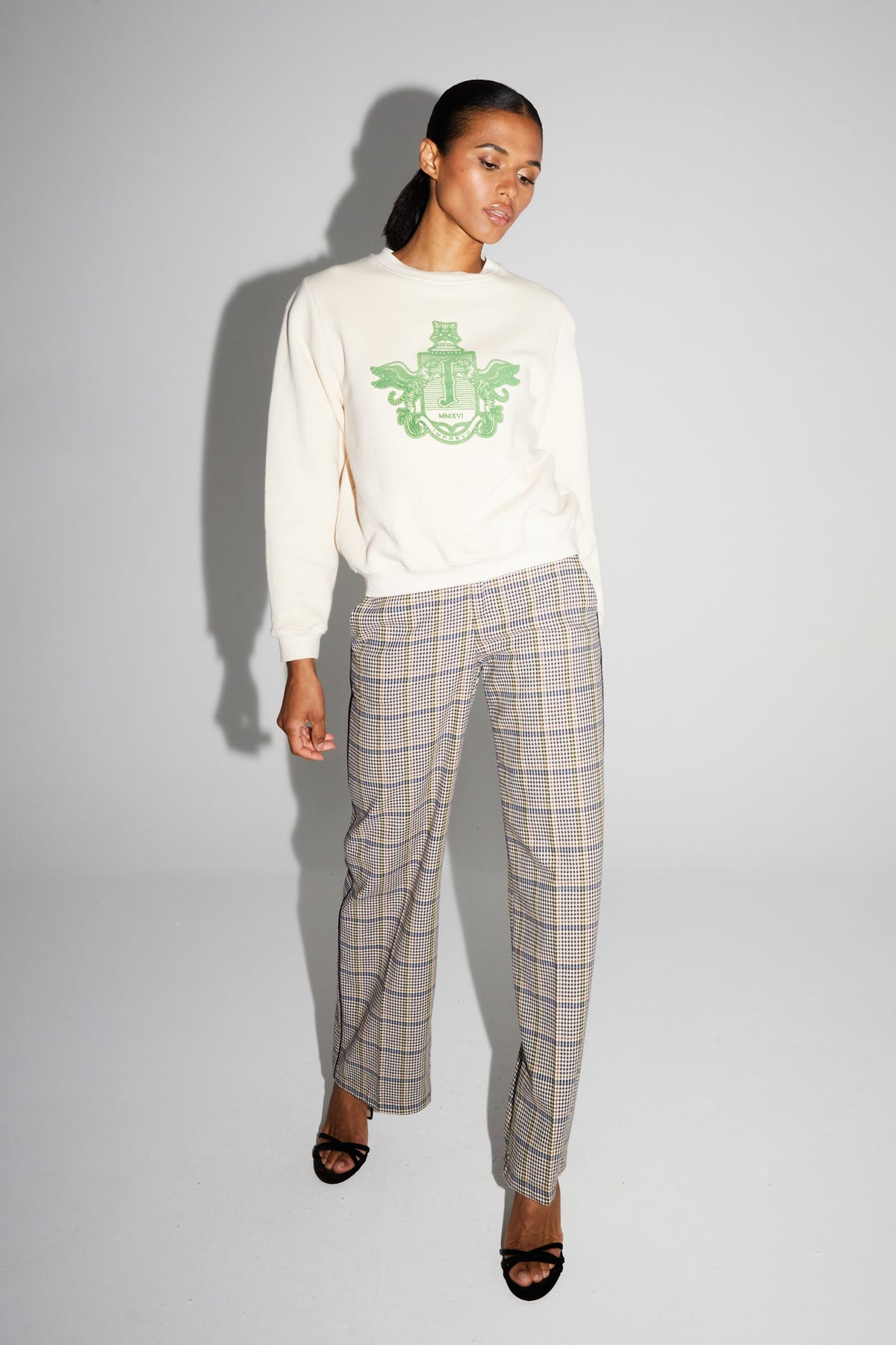 IMPREVU Off White/Bright Green Decorative Sweatshirt