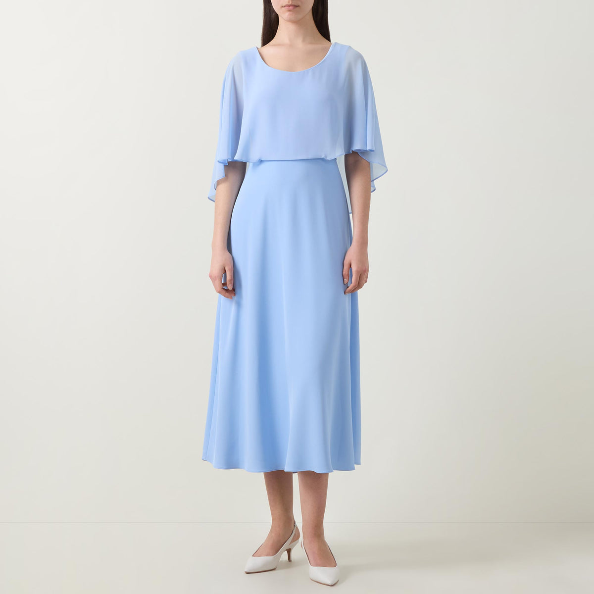 Joseph Ribkoff Sky Blue Signature | Woven Twill A-Line Dress With Chiffon Overlay