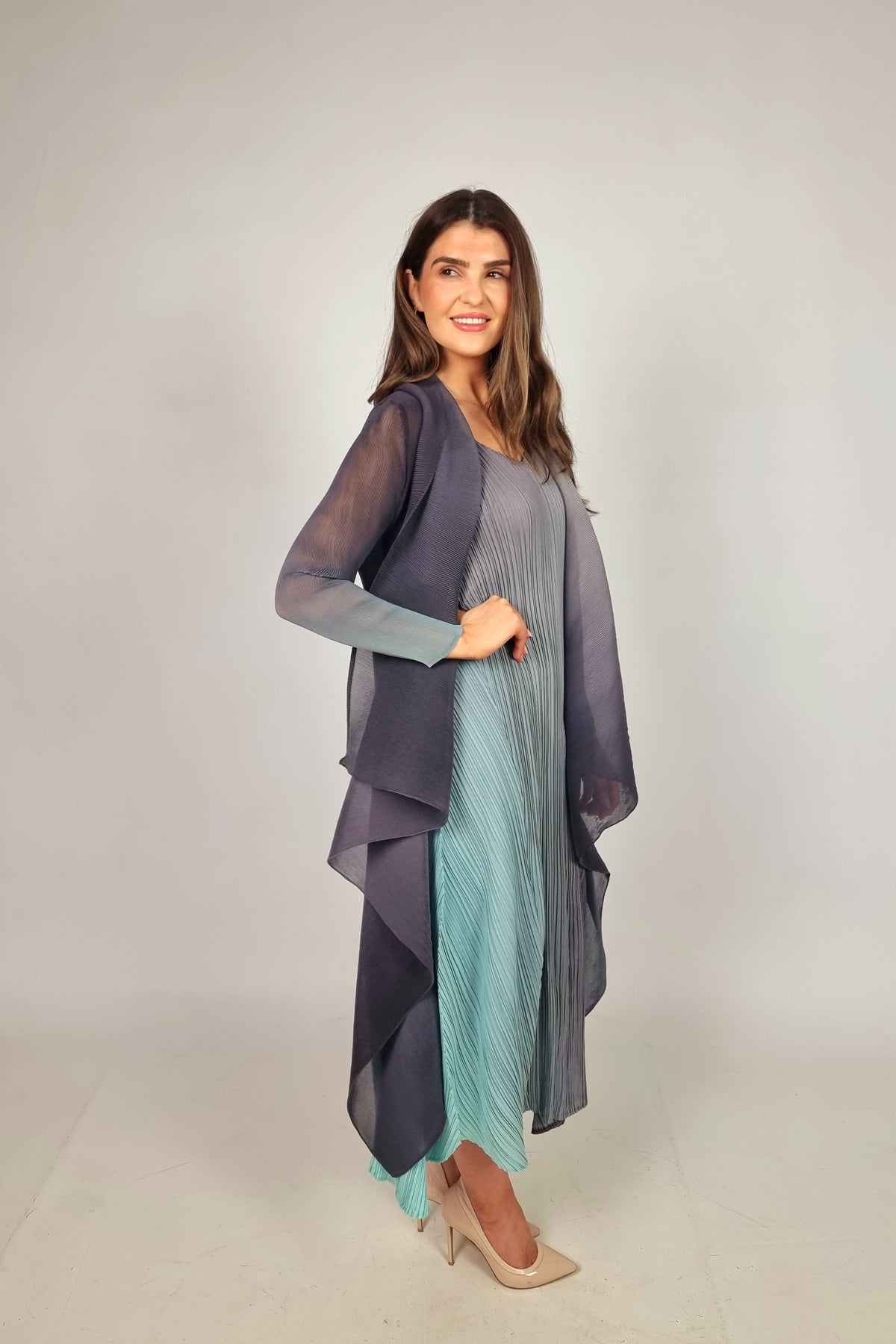 Alquema Long Estrella Dress And Collare Coat - Fog Dew