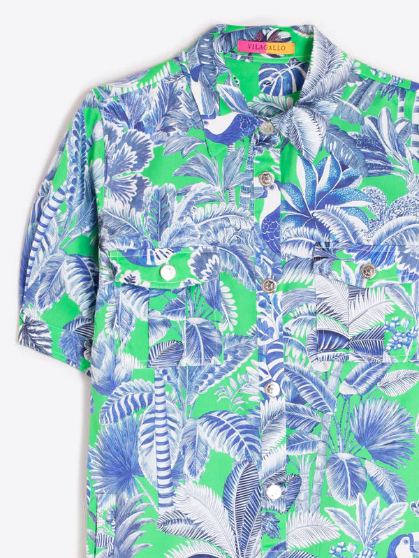 Vilagallo Short Green And Blue Tropical Print Dress
