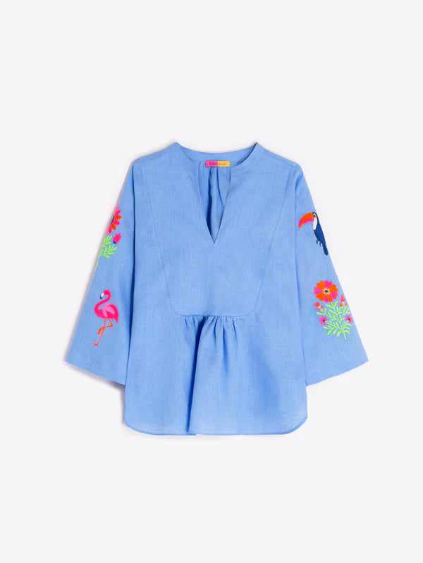 Vilagallo Blue Shirt With Tropical Embroidery