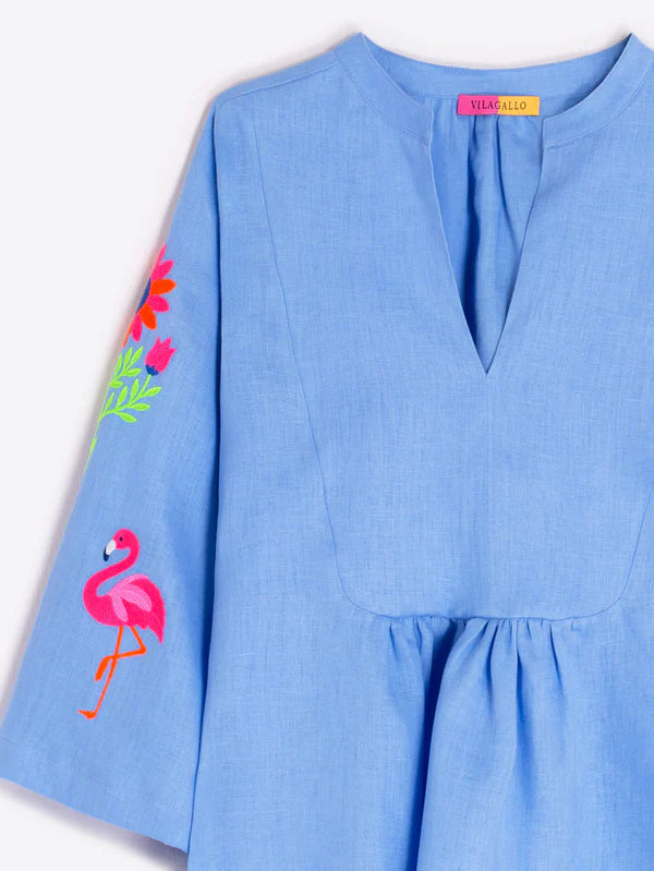Vilagallo Blue Shirt With Tropical Embroidery