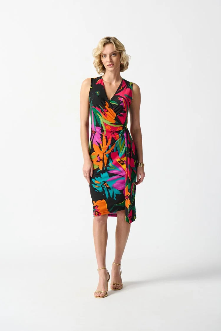 Joseph Ribkoff Multi Colored Silky Knit Tropical Print Wrap Dress