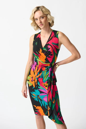 Joseph Ribkoff Multi Colored Silky Knit Tropical Print Wrap Dress