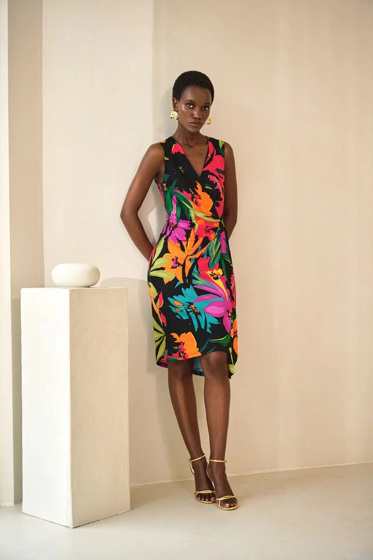 Joseph Ribkoff Multi Colored Silky Knit Tropical Print Wrap Dress