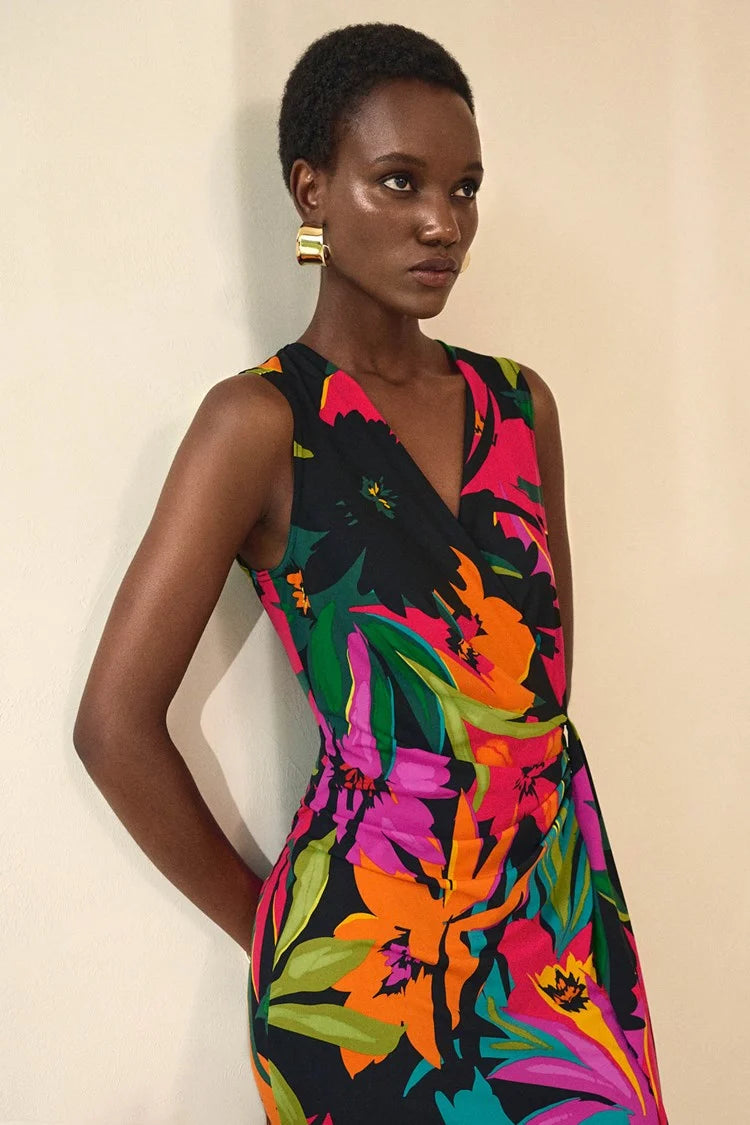 Joseph Ribkoff Multi Colored Silky Knit Tropical Print Wrap Dress