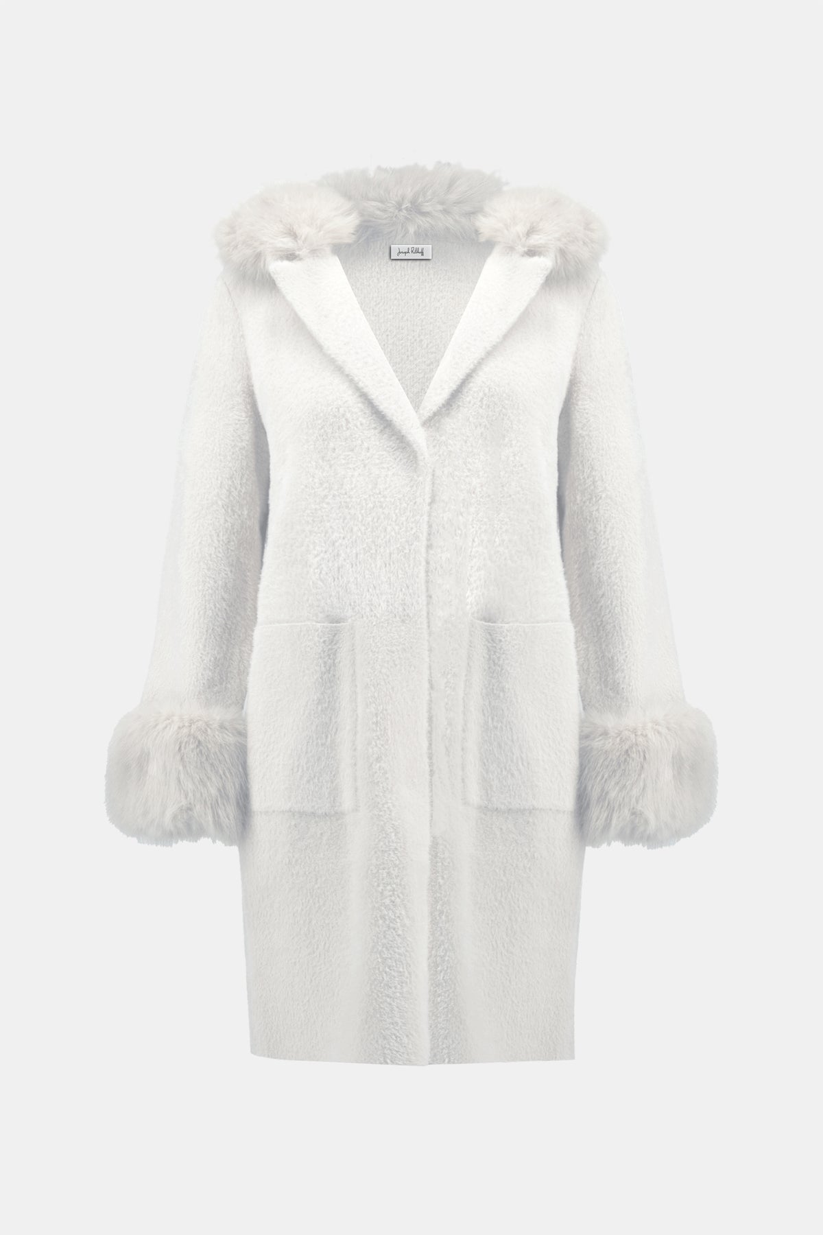 Joseph Ribkoff Winter White Feather Yarn and Faux Fur Sweater Coat