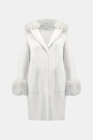 Joseph Ribkoff Winter White Feather Yarn and Faux Fur Sweater Coat