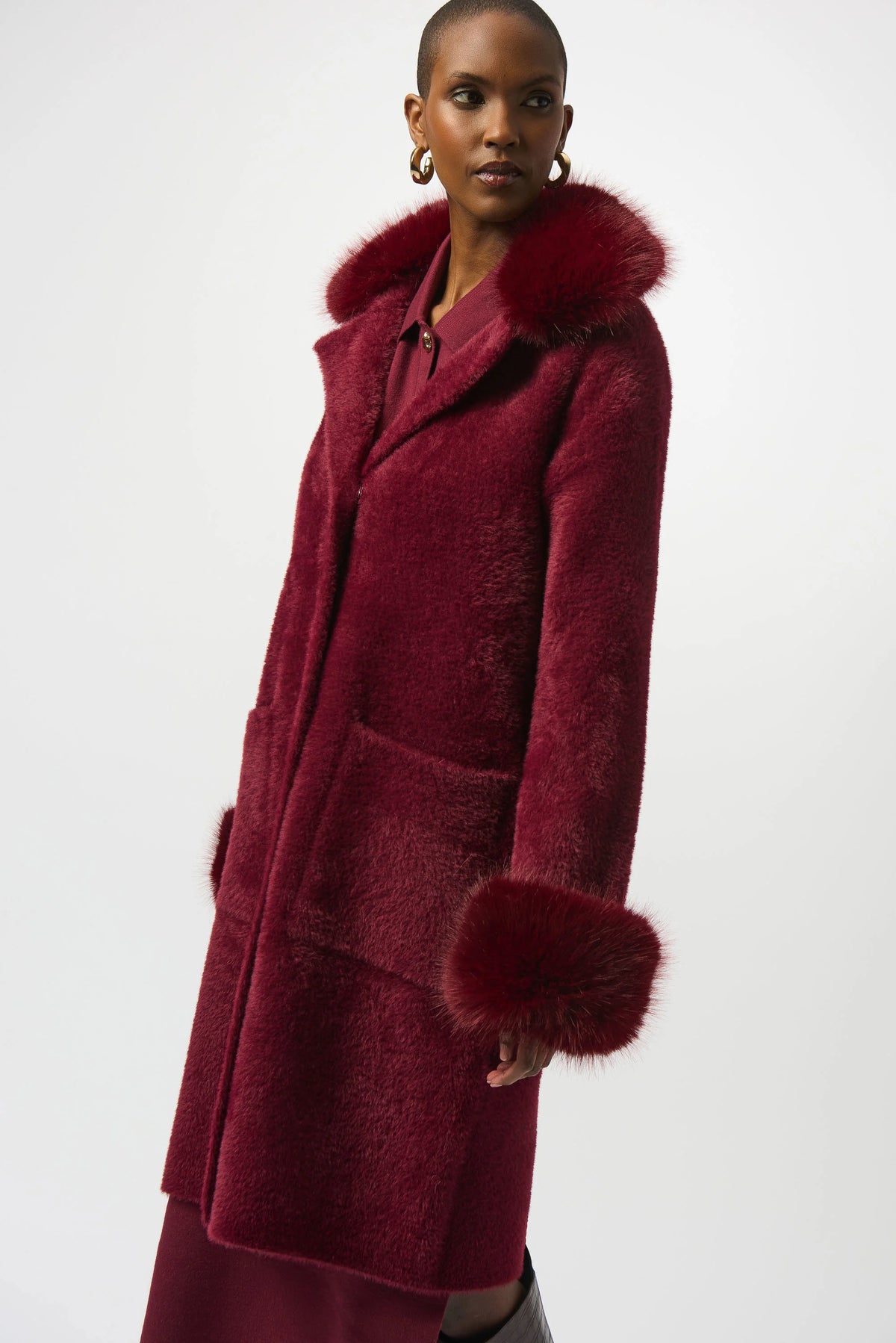 Joseph Ribkoff Merlot Feather Yarn and Faux Fur Sweater Coat