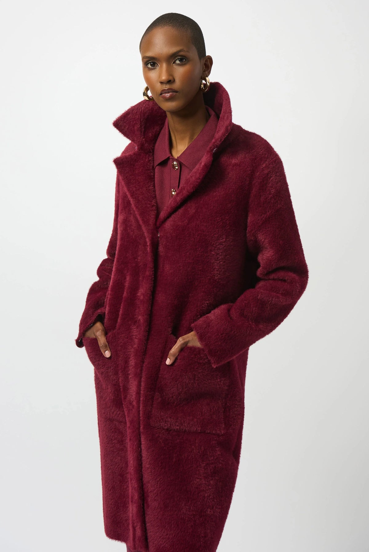 Joseph Ribkoff Merlot Feather Yarn and Faux Fur Sweater Coat
