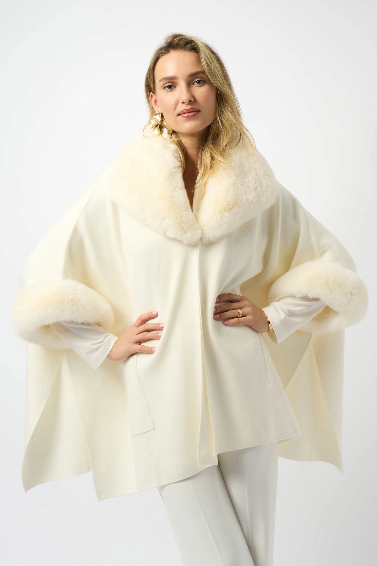 Joseph Ribkoff Brushed Jacquard and Faux Fur Cape
