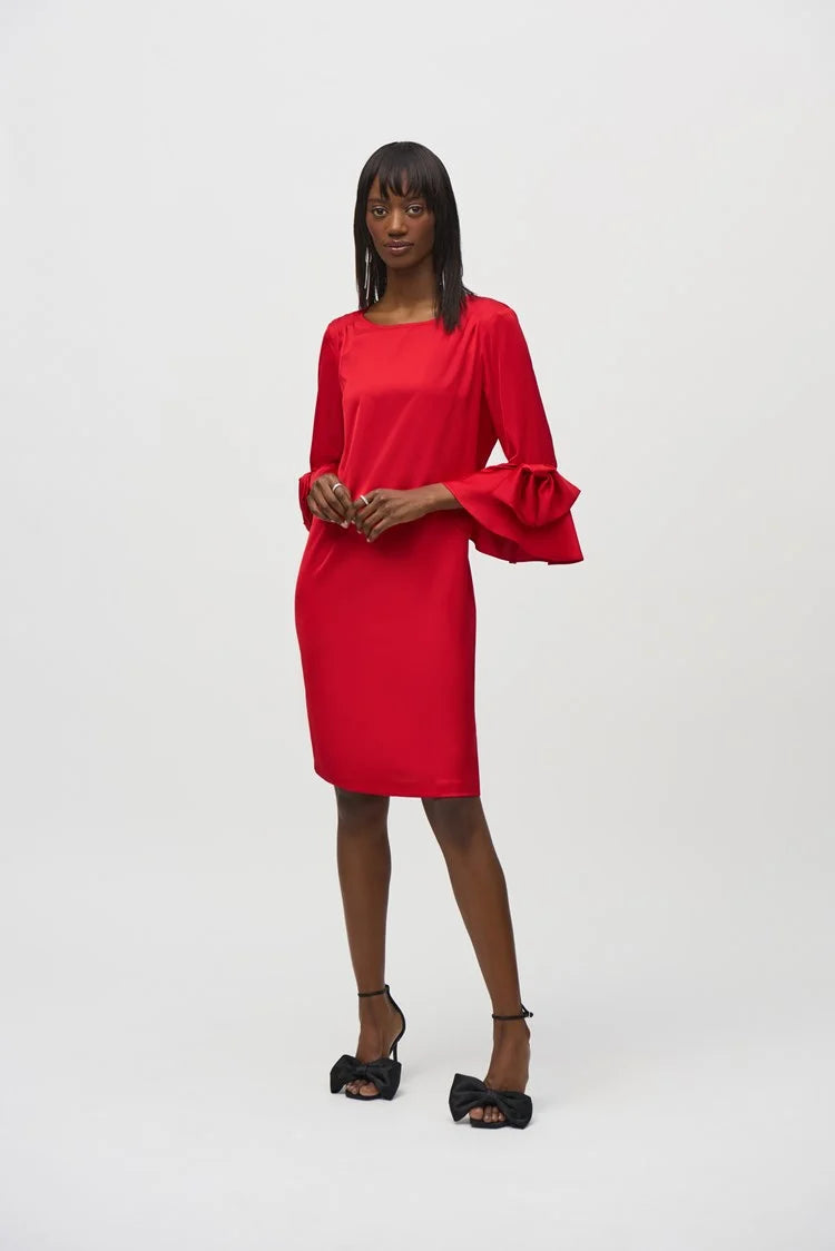 Joseph Ribkoff Red Satin Ruffle Sleeve Straight Dress Sheena s Boutique Ireland