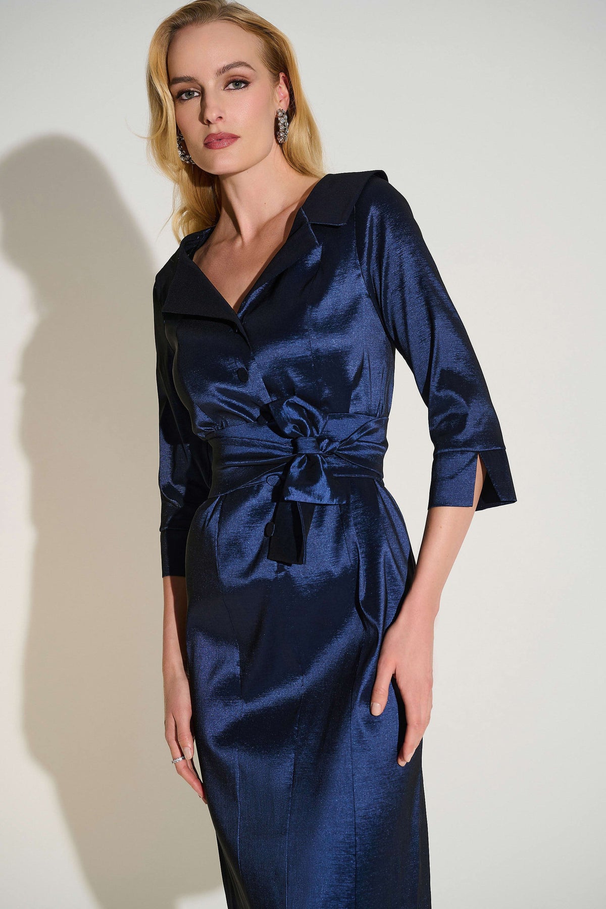 Joseph Ribkoff Navy Signature | Stretch Taffeta Sheath Dress with Sash Belt