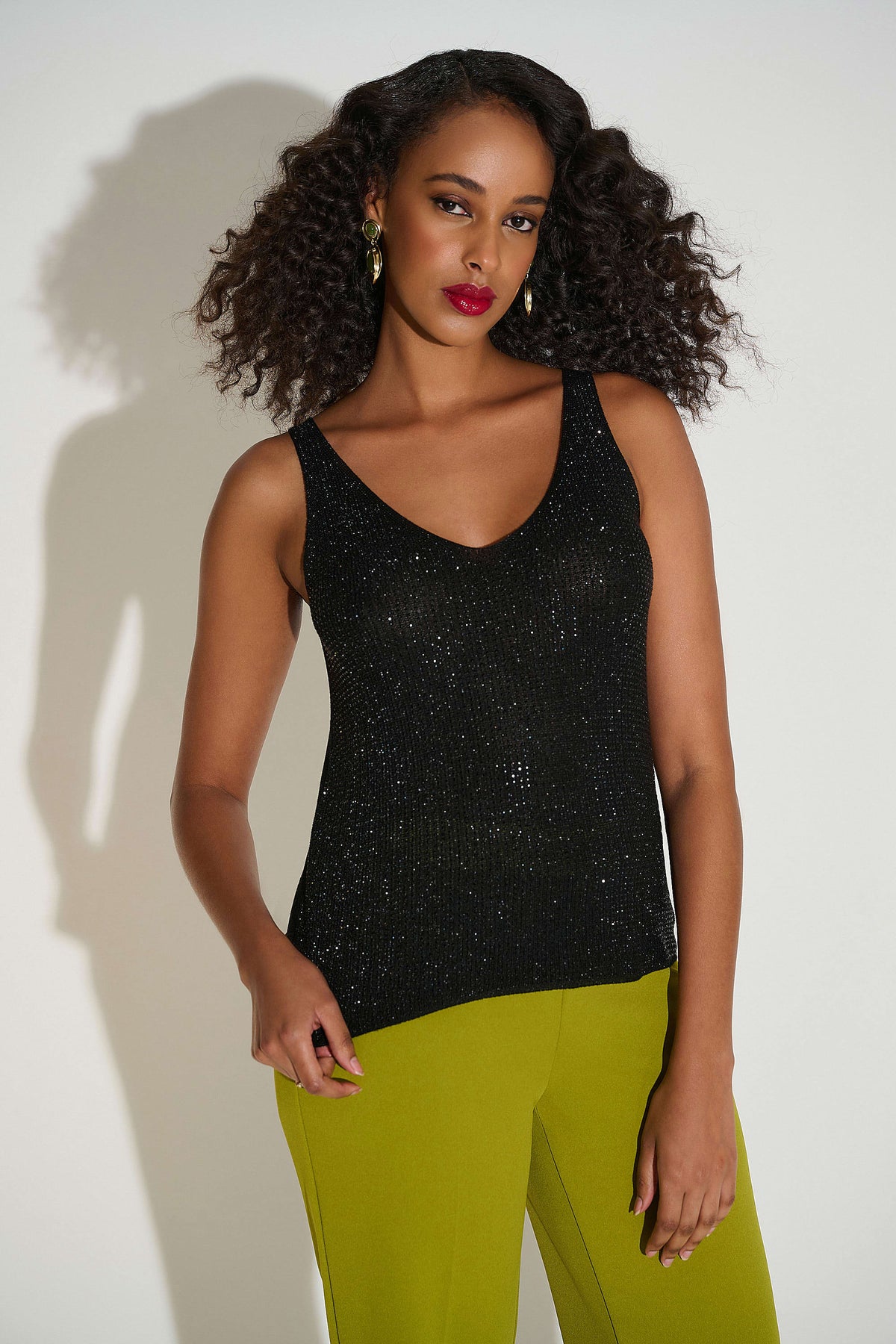 Joseph Ribkoff Black Metallic Knitted Camisole with Rhinestones