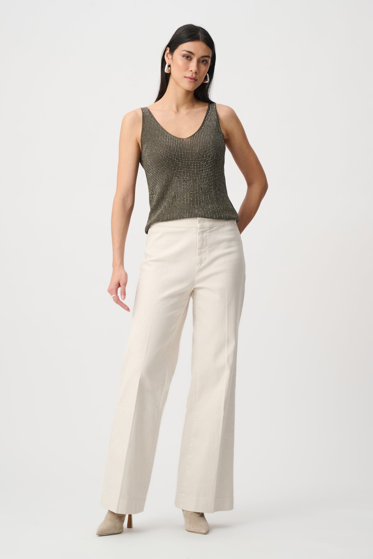 Joseph Ribkoff Avocado Metallic Knitted Camisole with Rhinestones
