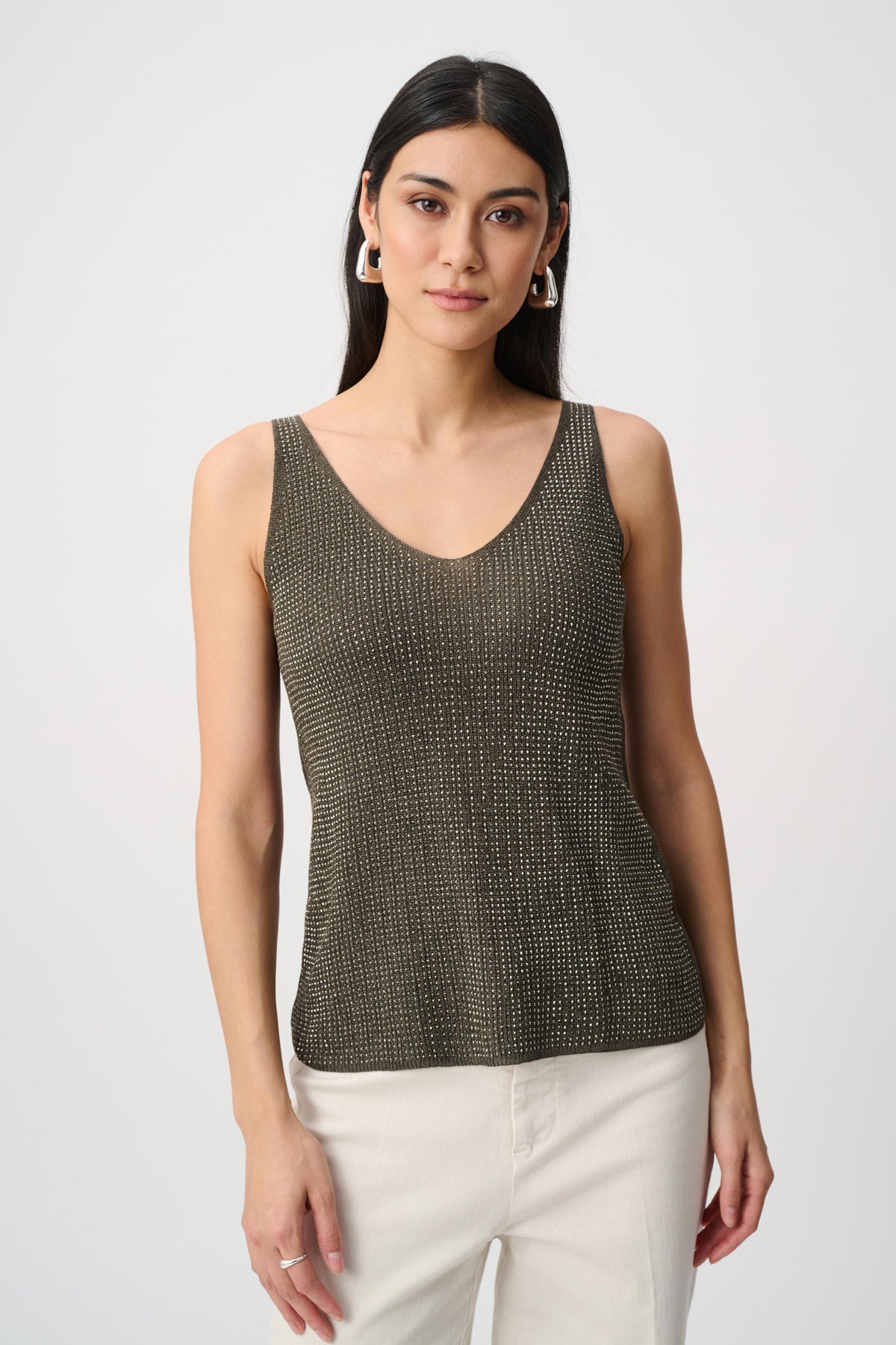 Joseph Ribkoff Avocado Metallic Knitted Camisole with Rhinestones