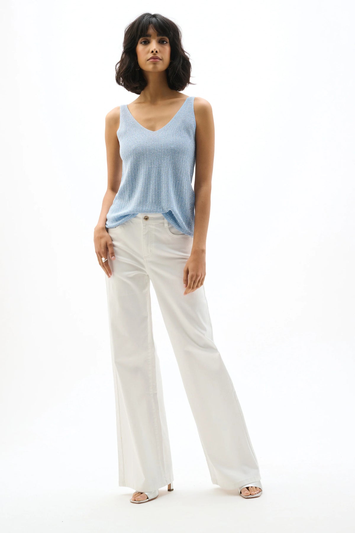 Joseph Ribkoff Sky Blue Metallic Knitted Camisole with Rhinestones