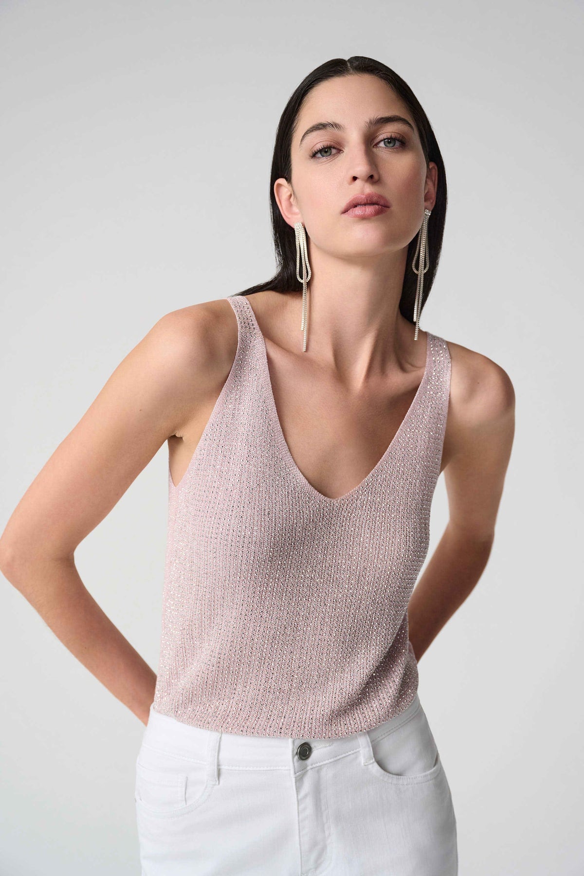 Joseph Ribkoff Petal Pink Metallic Knitted Camisole with Rhinestones