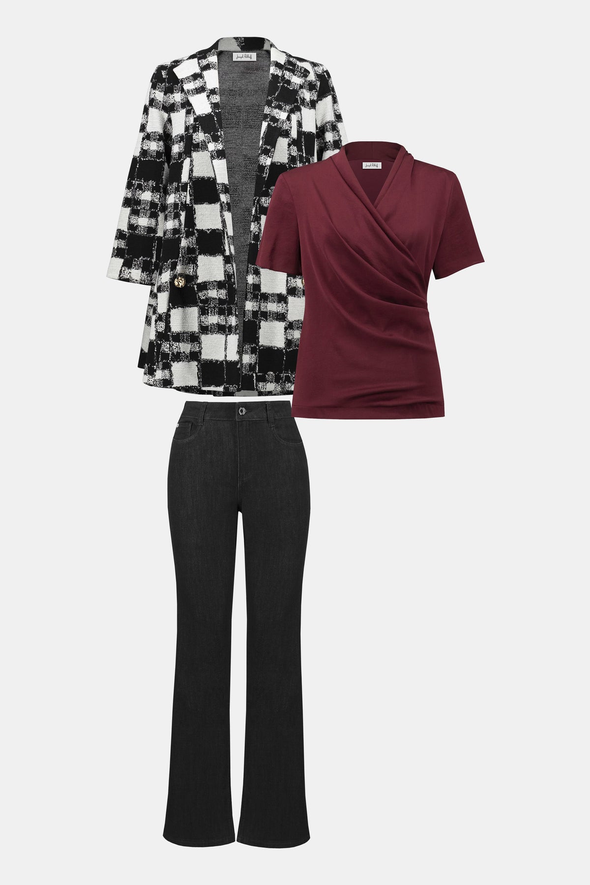 Joseph Ribkoff Black/Cream Jacquard Sweater Plaid Print A-Line Jacket