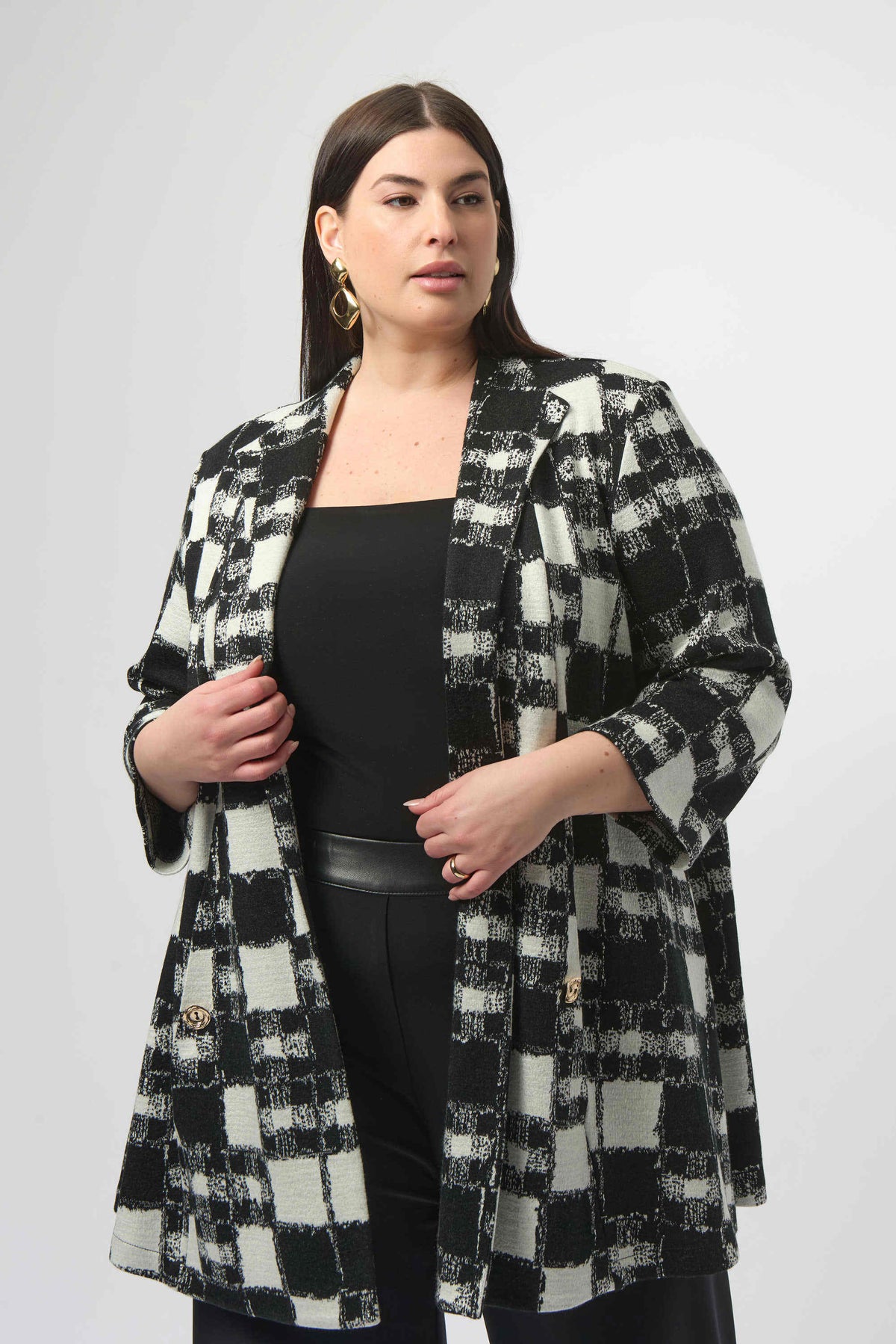 Joseph Ribkoff Black/Cream Jacquard Sweater Plaid Print A-Line Jacket