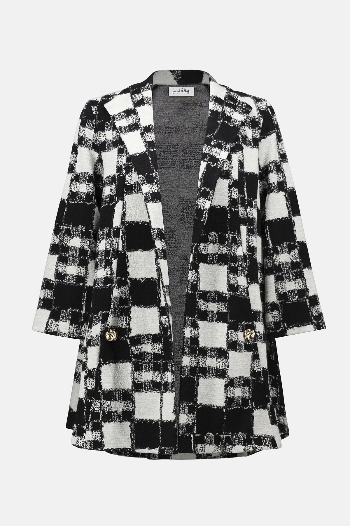 Joseph Ribkoff Black/Cream Jacquard Sweater Plaid Print A-Line Jacket