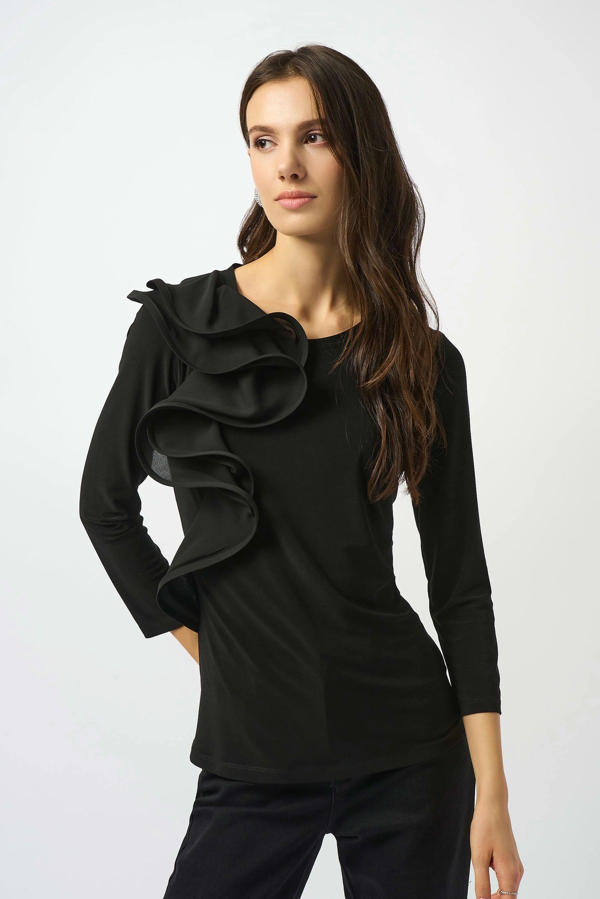 Joseph Ribkoff Black Silky Knit Fitted Ruffled Top