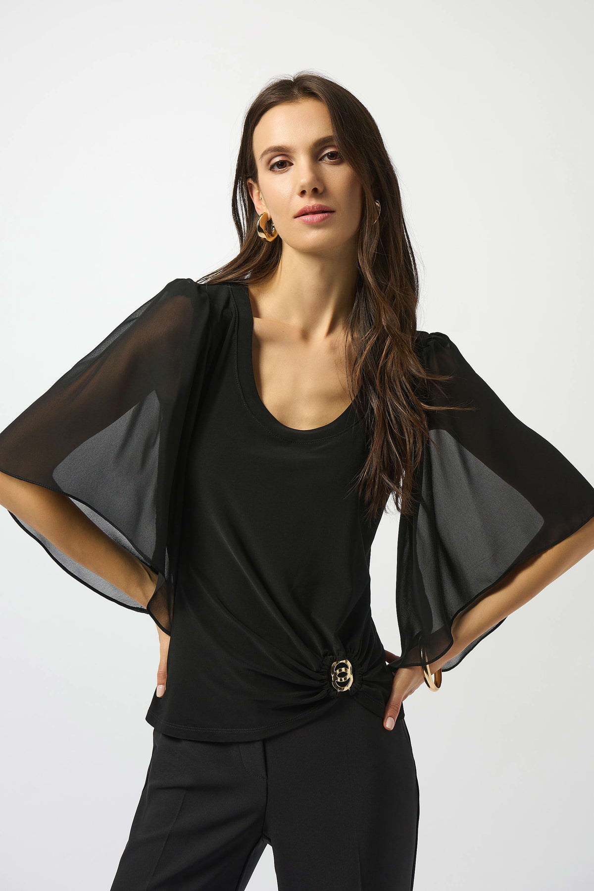 Joseph Ribkoff Black Silky Knit and Chiffon Fitted Top