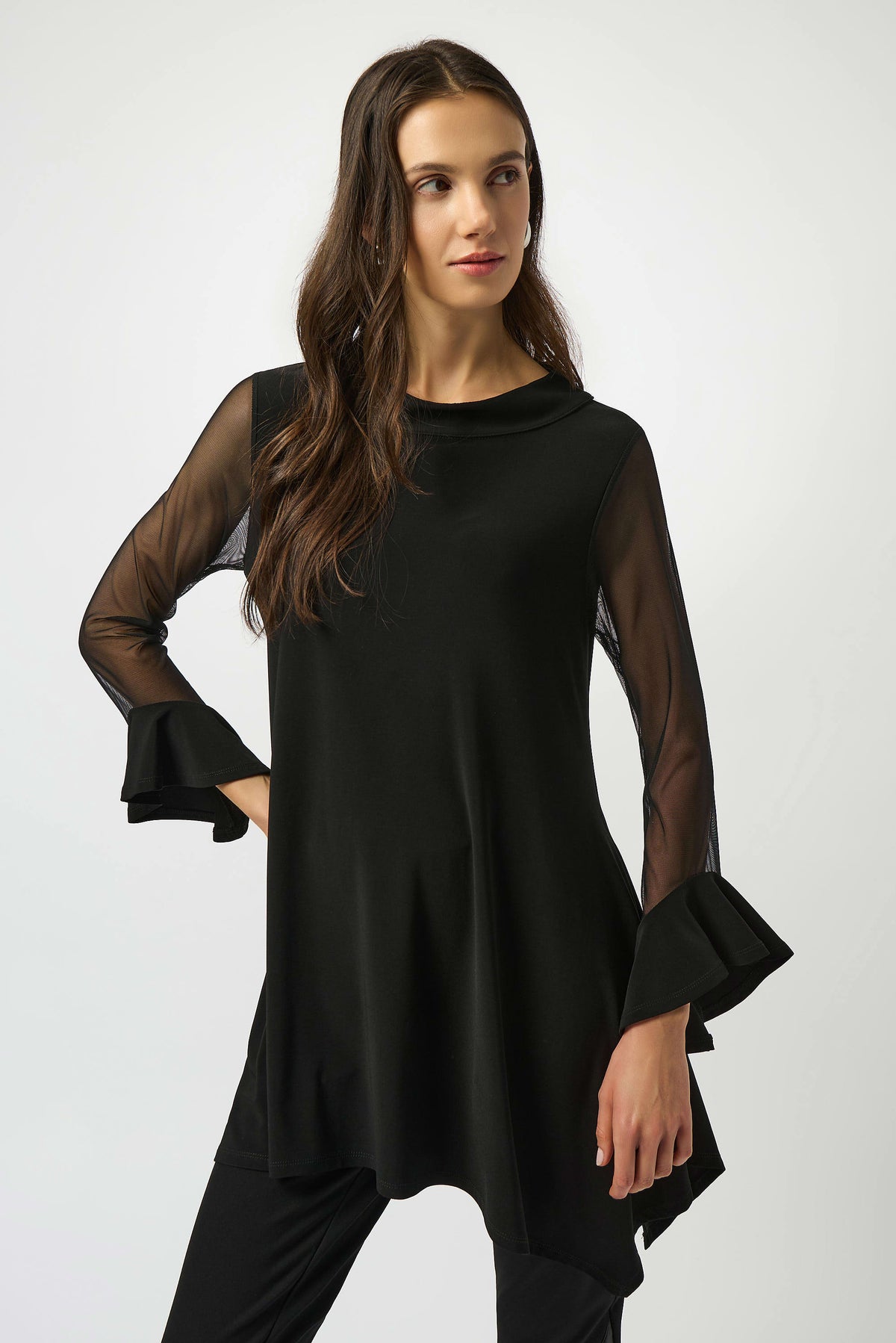 Joseph Ribkoff Black Silky Knit and Mesh Handkerchief Tunic