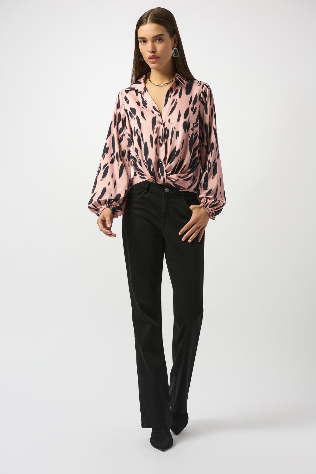 Joseph Ribkoff Pink/Black Recycled Satin Animal Print Draped Top