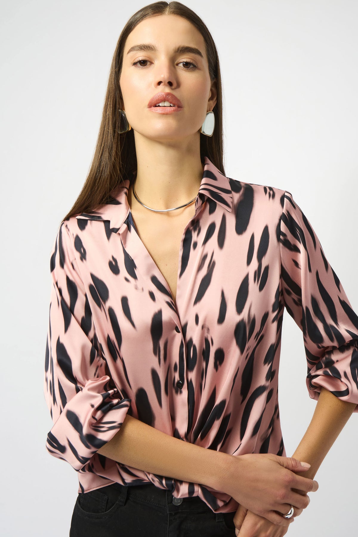 Joseph Ribkoff Pink/Black Recycled Satin Animal Print Draped Top