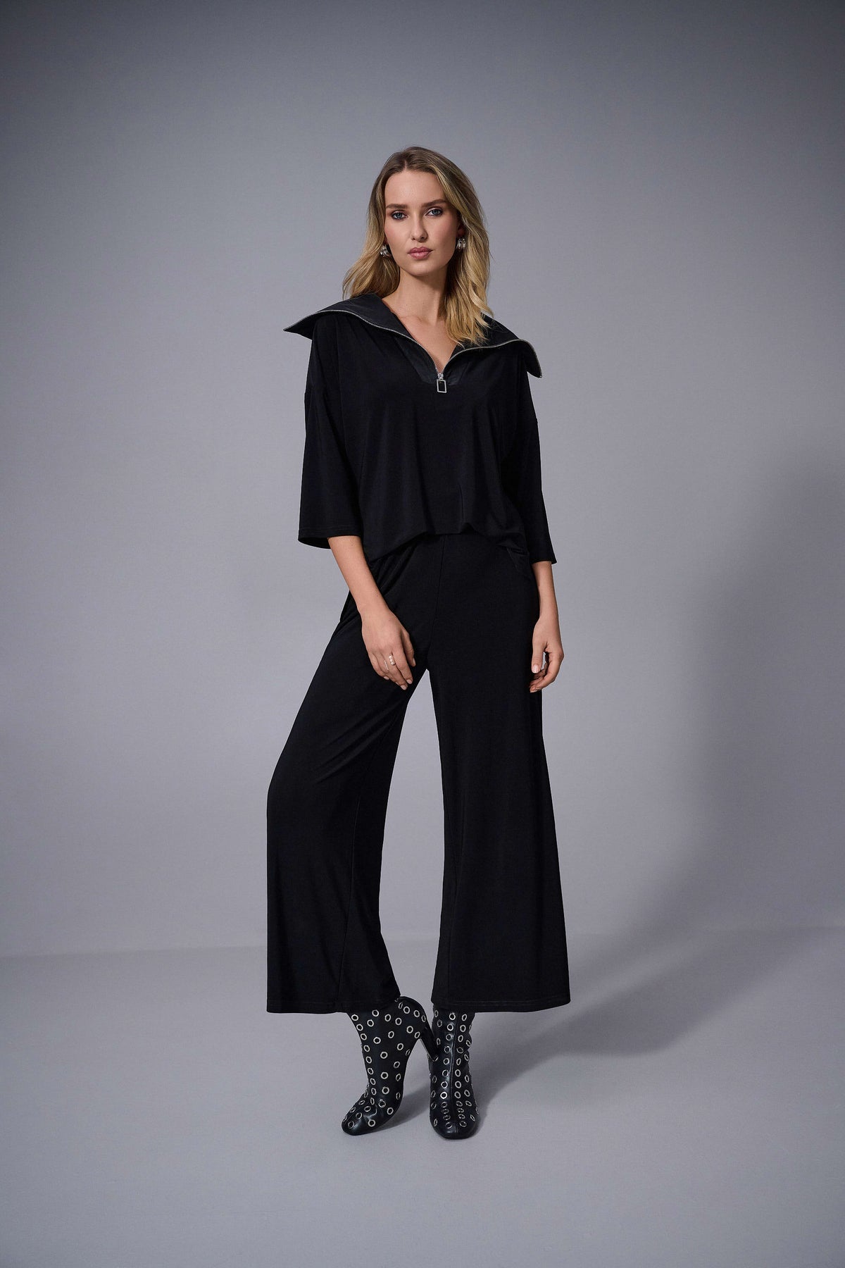 Joseph Ribkoff Black Silky Knit &amp; Memory Culotte Jumpsuit