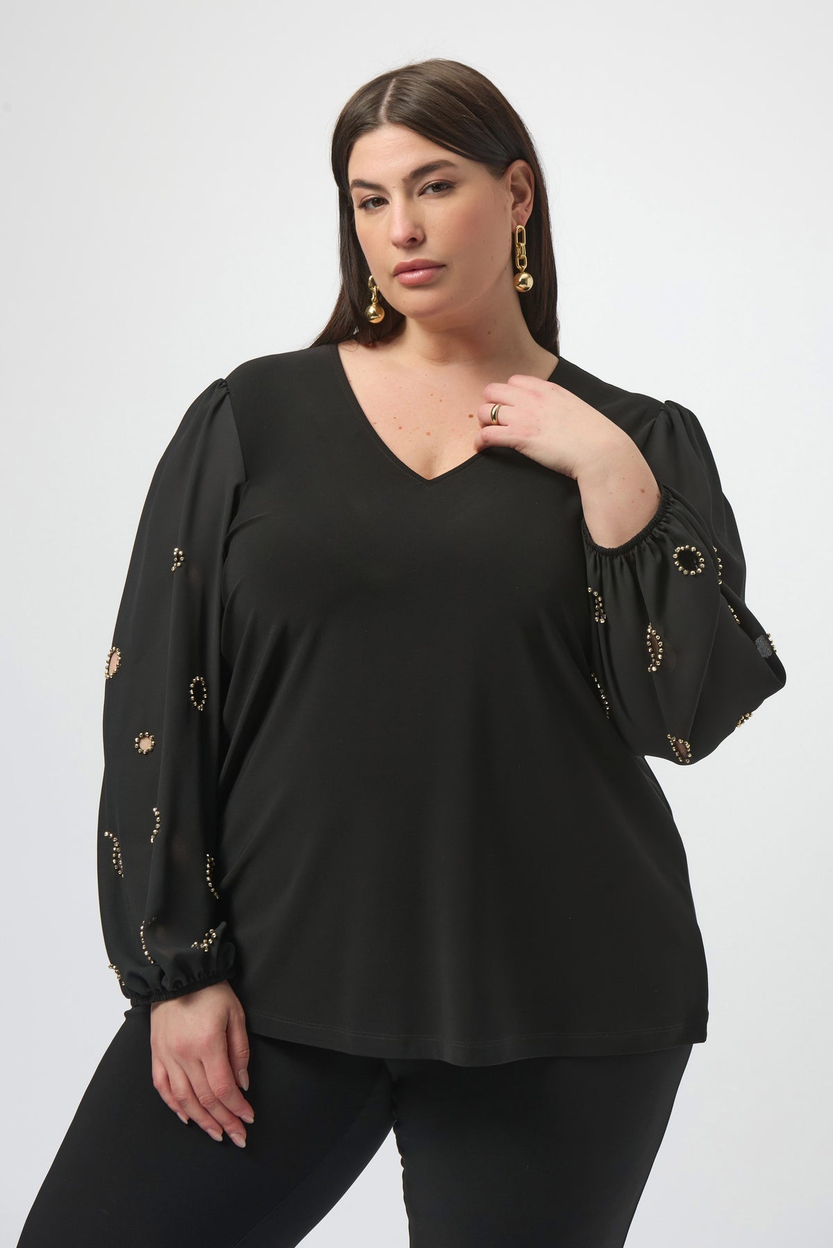 Joseph Ribkoff Black Silky Knit &amp; Georgette Top With Sleeve Beading