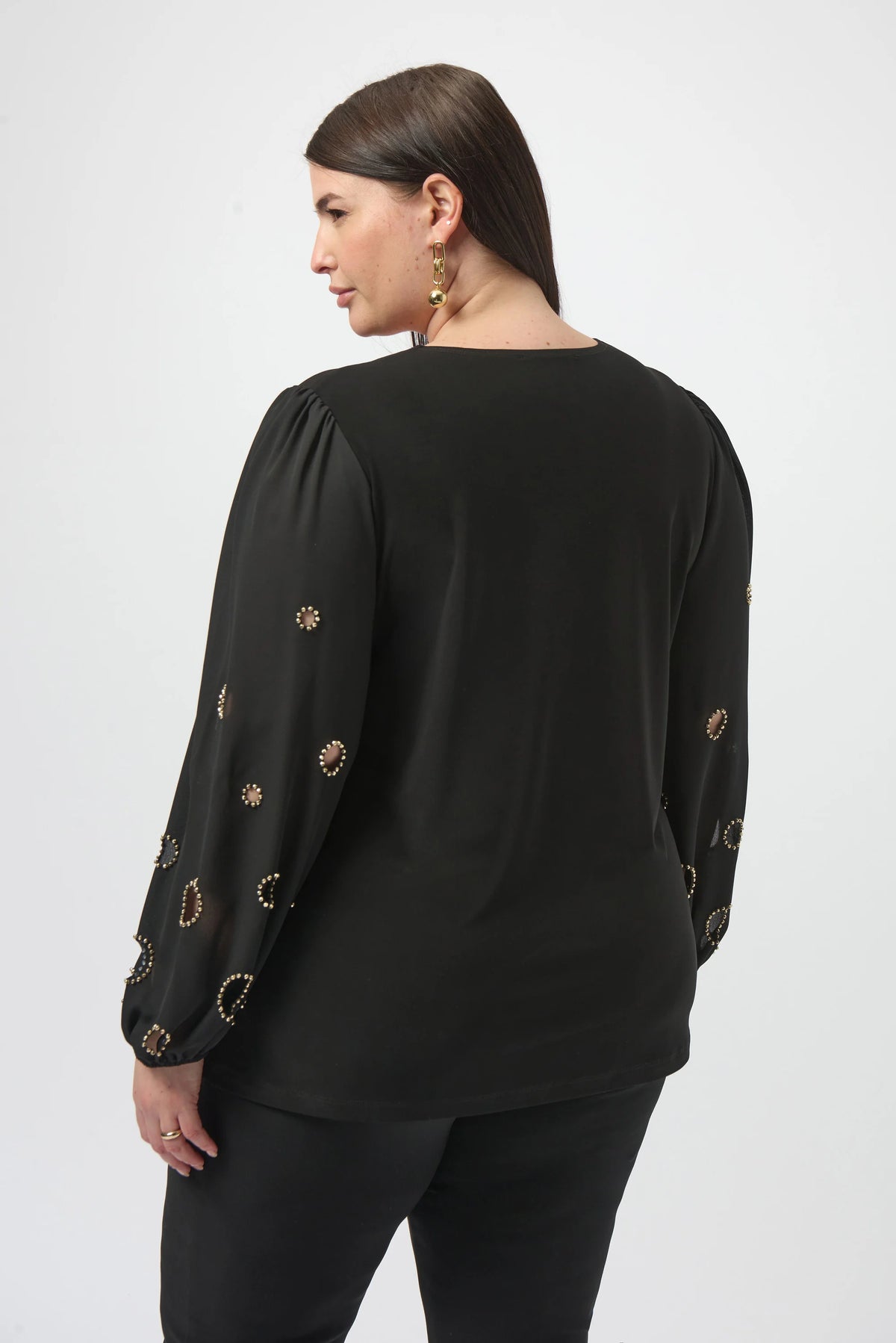 Joseph Ribkoff Black Silky Knit &amp; Georgette Top With Sleeve Beading