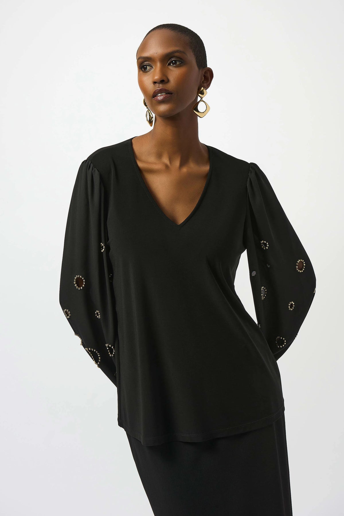 Joseph Ribkoff Black Silky Knit &amp; Georgette Top With Sleeve Beading
