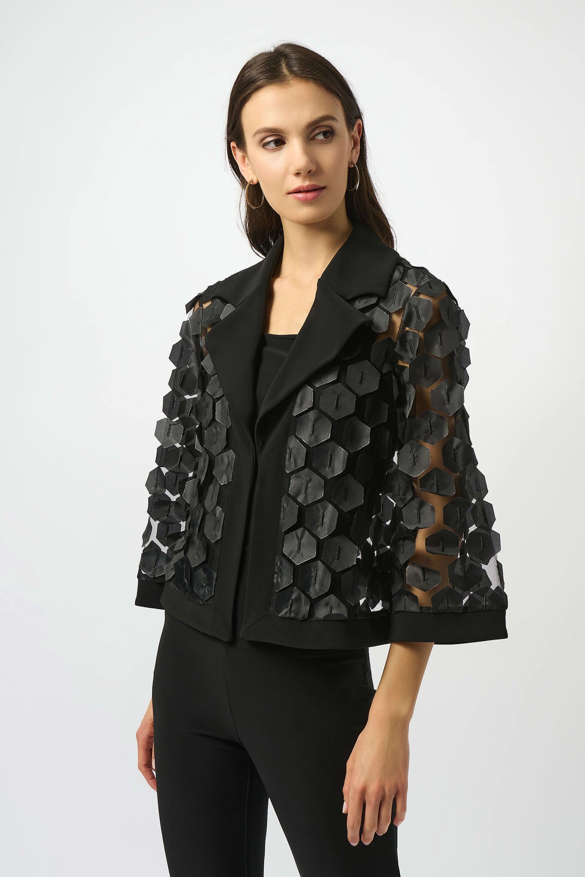 Joseph Ribkoff Embroidered Mesh &amp; Silky Knit Trapeze Jacket