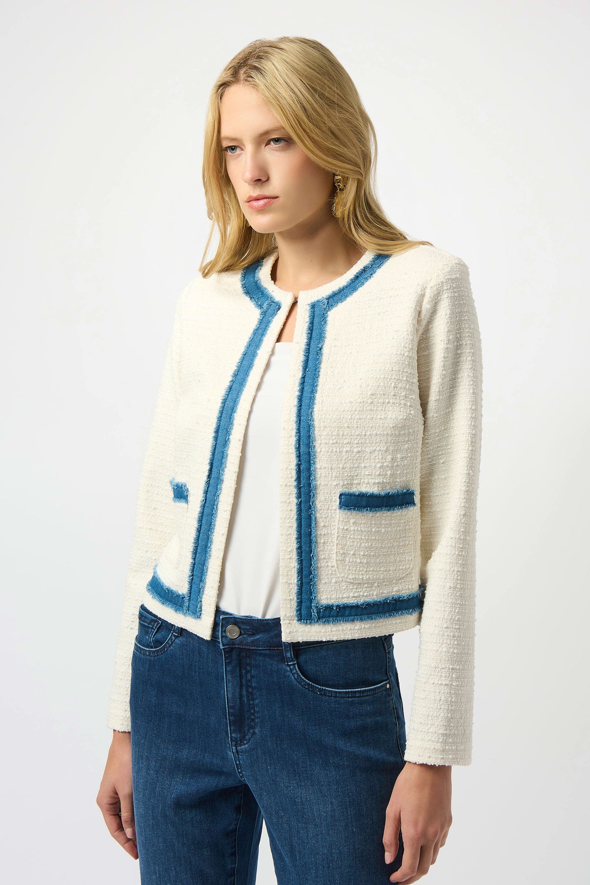 Joseph Ribkoff Woven Bouclé Straight Jacket With Denim Trim